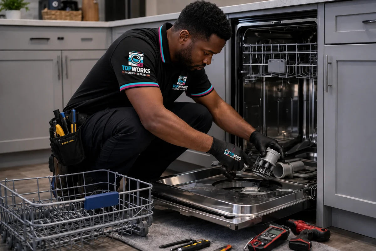 Topworks dishwasher repair technician servicing a built-in dishwasher