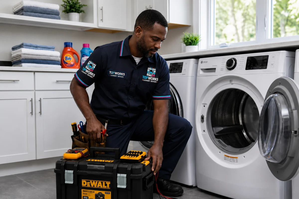 Topworks washing machine repair technician checking a front-loader